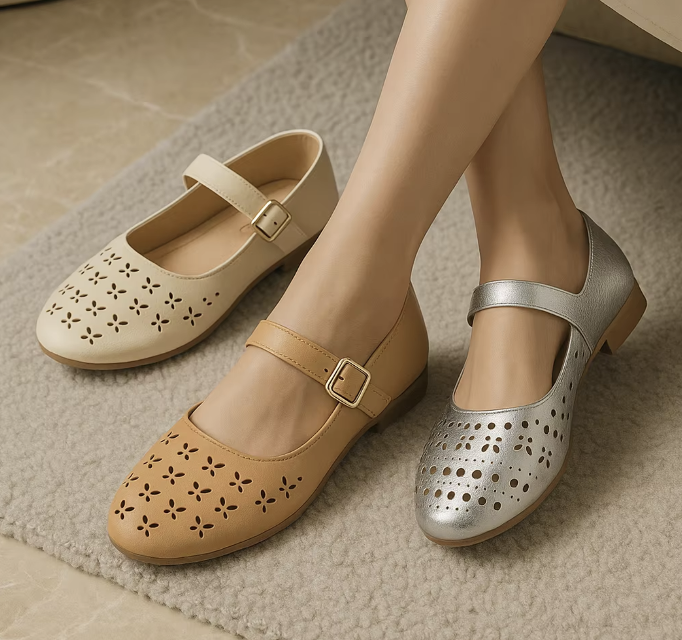 Laser Cut Round Toe Flat Mary Jane Sandals